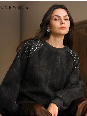 Women's Washed Black Embellished Shoulder Over-Sized Sweatshirt